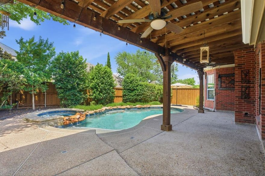 PRIDE OF OWNERSHIP shines through in this BEAUTIFULLY UPDATED home full of CHARACTER and charm! Located on a quiet street near the greenbelt in the premier gated community of Stonegate, this exceptional home has been meticulously maintained with no detail overlooked. Thoughtfully updated throughout, the extensive list of improvements includes rich hand-scraped hardwood flooring throughout the main level, a custom staircase railing, fully remodeled kitchen and bathrooms, updated carpet & pad, all windows replaced, Generac generator installed, patio cover extended, pool and spa resurfaced, roof replaced, two HVAC systems replaced, two water heaters replaced, and so much more! The desirable floorplan offers the primary suite, private office, living spaces, and dining areas on the first floor, creating an ideal layout for both everyday living and entertaining. Upstairs features three additional bedrooms along with an expansive 23x20 gameroom offering endless flexibility for media, recreation, or work-from-home needs. Outside, enjoy your own private backyard retreat complete with an extended covered patio overlooking the sparkling resurfaced pool and spa — the perfect setting for relaxing or entertaining year-round. Ideally situated with quick access to Hwy 75, 380, and Sam Rayburn Tollway, this location offers convenience to everything McKinney has to offer. Historic downtown McKinney, Adriatica, Bonnie Wenk Park, shopping, dining, and entertainment are all nearby, while golf enthusiasts will appreciate close proximity to both Eldorado and Stonebridge golf courses.