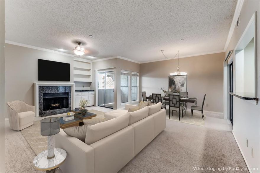 Located in the heart of Dallas, this spacious second-floor condominium offers a well-designed floorplan, generous room sizes, and a quiet, courtyard-oriented setting at Le Parc Condominiums.
The open living and dining areas create an easy, comfortable flow and are anchored by a wood-burning fireplace, built-in cabinetry, and access to two covered balconies—ideal for morning coffee or evening relaxation. The kitchen opens to the living space and offers ample storage and functionality, providing a solid foundation for a future update if desired.
The primary suite is notably large, with space for a sitting area, a generous walk-in closet, and an ensuite bath featuring dual sinks, a separate shower, and soaking tub. A second bedroom, also with an ensuite bath, offers flexibility for guests, a home office, or dual primary living.
Additional highlights include two covered balconies, two reserved parking spaces in a gated garage, and one of the lowest HOA fees in the area. The community features a landscaped courtyard, swimming pool, and dog park.
Conveniently located near Preston Center, NorthPark Mall, dining, shopping, and major thoroughfares, this home presents an excellent opportunity for buyers seeking space, location, and value—with the option to personalize over time.