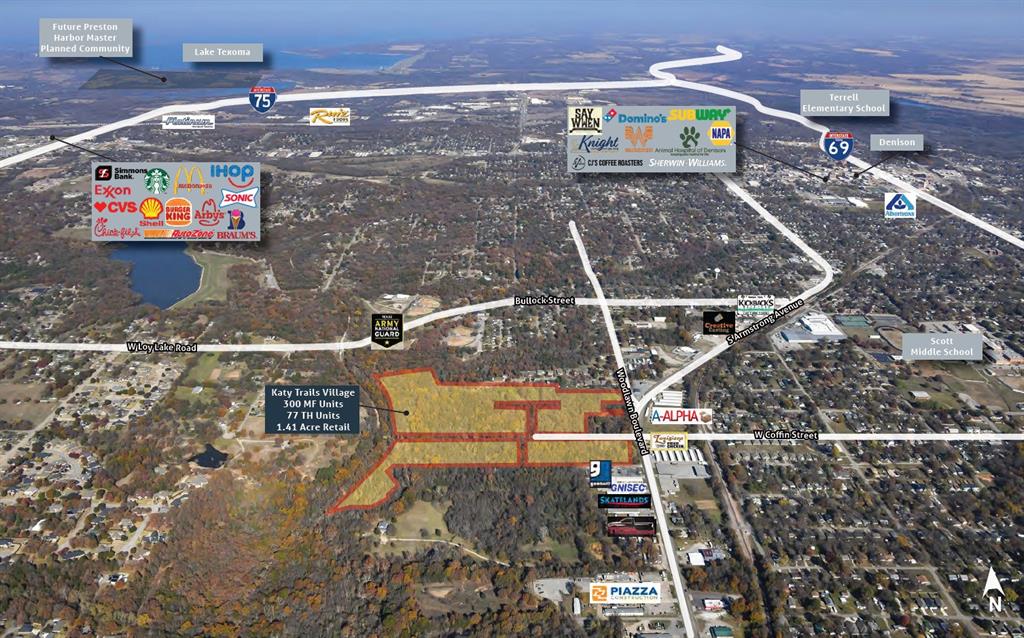 Vanguard Real Estate Advisors (VREA) has been exclusively retained by Ownership to offer builders and developers the opportunity to purchase a 36.34 acre mixed-use development site known as Katy Trails Village in Denison, TX. The Site is currently zoned in a Planned Development allowing for 300 multifamily units, 77 townhome units and a 1.41 acre retail site. The Site is located in southern Denison along Woodlawn Boulevard and West Coffin Street approximately one mile north of Eisenhower Parkway (Spur 503), connecting to US-75 1.5 miles west. The Site also greatly benefits from having direct access to the Denison Katy Trail, which will be a 2.3 mile trail system connecting Downtown Denison to the southern sector of the city. The Site is located within a Tax Increment Reinvestment Zone (TIRZ). This represents a great opportunity to acquire a mixed-use development site with entitlements and utilities in place at $1.89 psf.