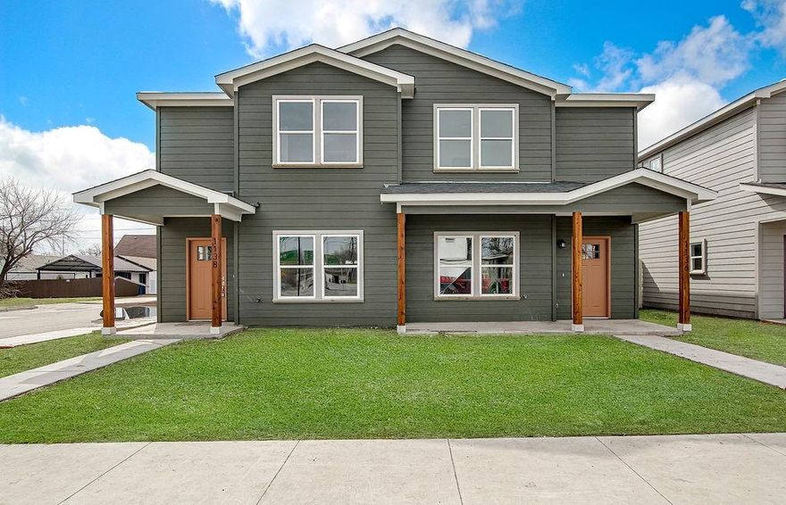 Modern new-construction, corner lot duplex offering 3 bedrooms and 2.5 bathrooms per side in a prime Fort Worth location! Each unit features durable LVP flooring, granite countertops, stainless steel appliances, custom closet systems, and an open, functional layout designed for everyday living. Enjoy a covered front porch and fully fenced parking area with automatic entry gate for added privacy and convenience. Ideally situated near Downtown Fort Worth and the Arts District with quick access to dining, entertainment, and major thoroughfares. Perfect opportunity for owner-occupants, investors, or multigenerational living. Come see it today!