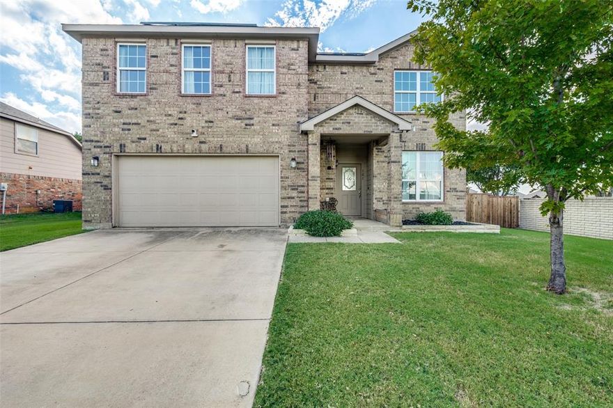 Welcome Home! Conveniently located 4-bedroom, 2.5-bath, 2-car garage property in Krum's Saddlebrook Estates! Seller is offering a $4,000 credit to buy down the rate or go towards closing costs! This lovely corner home was built in 2013 and does NOT have popcorn ceilings like many in this neighborhood that were built in the early 2000s. Open concept living and dining with four spacious bedrooms upstairs, and all have large walk-in closets! Light and bright eat-in kitchen finished out with granite countertops (fridge is negotiable). Nice-sized utility room that also has great pantry space. Extra living area upstairs is currently used as a homeschool room. Sellers have put over $35,000 into updates over the last two years, making it an even better home! Updates include: laminate flooring downstairs, carpet replaced at the end of August, full automatic sprinkler system, stone borders for flowerbeds, replaced portion of fence and gate, updated primary bath shower, updated kitchen and primary sink faucets, Ikea custom shelving and drawers throughout, air purifier, Vivint security system, and an electric car charging station installed in the garage. Enjoy the benefits of Solar Panels that are PAID OFF!! Huge backyard backs up to Hansel Elementary School, so no back neighbors! Saddlebrook Park is also just around the corner. Come see for yourself this fantastic home in the sought-after Krum community!