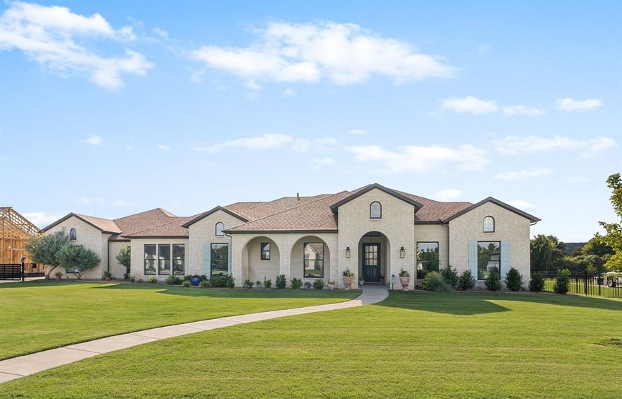 Welcome to this stunning custom-built 5 bedroom, 3.5 bath home, completed in 2022, tucked away in a quiet cul-de-sac within a small, private community and located in the highly acclaimed Rockwall ISD. Designed with comfort, functionality, and style in mind, this sprawling one-story residence sits on almost an acre, offering both privacy and room to grow. A gated driveway welcomes you to the oversized 3-car garage, while an inviting extended front porch sets the tone for the thoughtfully designed interiors. Inside, low-maintenance polished concrete floors flow seamlessly throughout, perfectly complementing the home’s high-end fixtures and finishes. Walls of windows at the front and back of the home fill the spaces with abundant natural light, creating a warm and open feel. The flexible floor plan was crafted for both families and entertaining, featuring a large game room, versatile flex space that could be media room or office space, and spacious living room that flows effortlessly into the gourmet kitchen. The kitchen boasts generous counter space, premium appliances, and an oversized island ideal for gatherings. Step outside to enjoy the expansive covered patio, complete with an outdoor living area and kitchen—perfect for dining al fresco or relaxing while overlooking the meticulously maintained lawn and professional landscaping. With its combination of luxury, practicality, and thoughtful design, this property offers the best of space and modern convenience, all within minutes of Heath shopping, dining, and lake access.