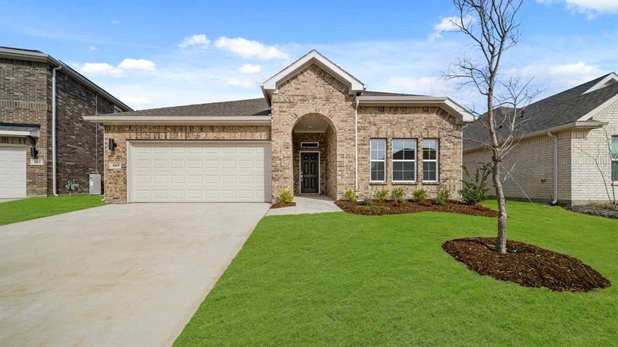 MOVE IN READY! Boasting a beautiful and open-concept single-story layout, the Sadler welcomes you with a charming front porch entrance. Inside, the home is anchored by a spacious great room—with patio access—that flows into a versatile dining area and well-appointed kitchen. Toward the front of the home, the foyer provides access to 3 secondary bedrooms—two that flank a full bath and one with an attached full bath. Located at the back of the home for added privacy, the owner's suite features an attached bath and a generous walk-in closet. A laundry room is also conveniently located just off the owner's suite. Options include upgraded flooring selections, smart home automation features, and MORE! Enjoy fantastic community amenities & lifestyle features at a 2.2 tax rate! No MUD or PID, and just walking distance to OB Johnson Elementary located within the community!