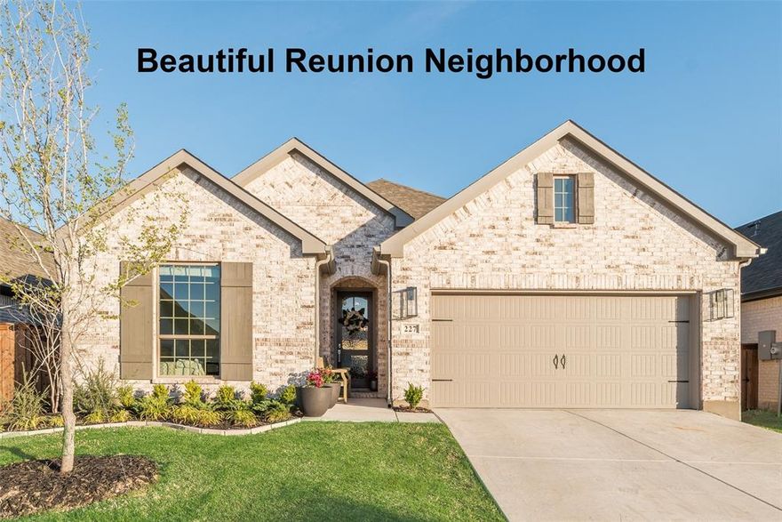 Under a year young, this beautifully designed 3-bedroom home with a spacious office featuring glass French doors and 2.5 baths is located in the serene Reunion neighborhood. Just minutes from Highways 287 and 114, the community offers peaceful country living with convenient access to shopping, dining, and Northwest ISD schools.

The light-filled interior features large windows, light wood flooring, and upgrades often found in higher-priced homes. The stunning kitchen showcases quartz countertops, a custom backsplash, a cabinet-wrapped oversized island, and a chef’s gas stove, with a spacious dining area.

The bright living room offers floor-to-ceiling windows overlooking a private backyard with no direct rear neighbors, along with a beautiful gas fireplace perfect for cozy evenings. The primary suite features striking finishes and an impressive three-tier custom closet. Additional highlights include a tankless water heater and epoxy garage floors.

Reunion residents enjoy exceptional amenities including a 30-acre fishing lake, scenic walking trails, an infinity pool, and an activity-filled amenity center with outdoor firepits. Homes are situated on generous 50–70 ft lots and this home is just three blocks from Lake Eloise, offering a peaceful lifestyle at an incredible value.