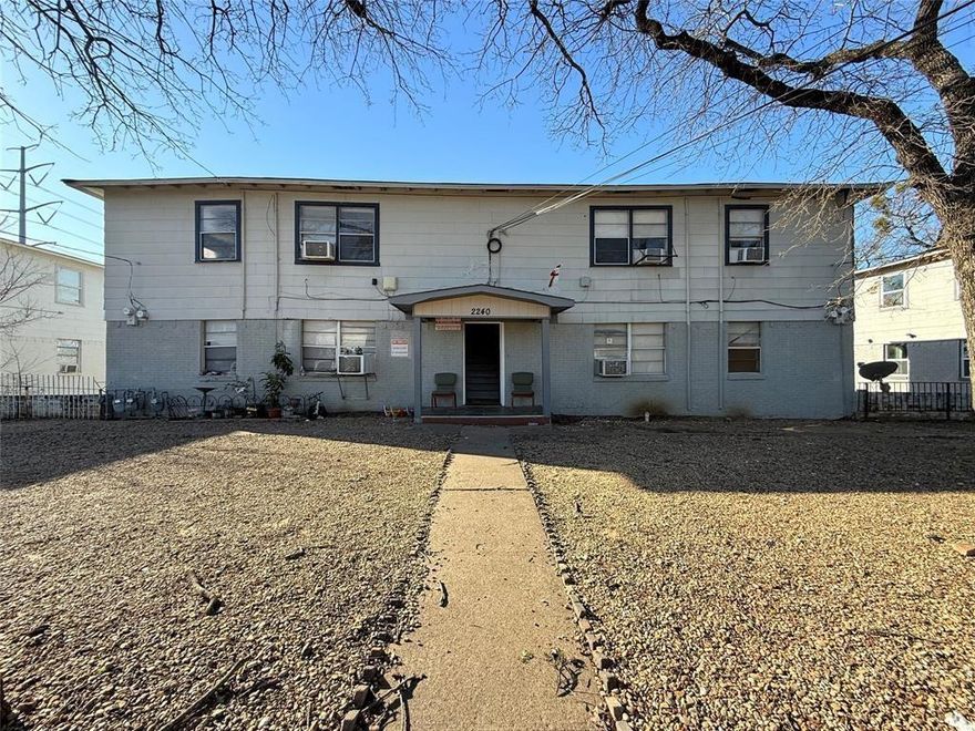 Great investment opportunity in Irving! This well-kept four-unit quadplex offers four identical floorplans, each featuring 2 bedrooms and 1 bathroom. Property is located in a high-demand rental area near parks, schools, shopping, and major highways, providing strong appeal for long-term tenants.
Each unit offers a functional layout, ample natural light, and easy-to-maintain finishes. Exterior features include dedicated parking and mature surroundings. With consistent rental history in the area, this property is ideal for investors looking to add a stable, income-producing asset to their portfolio.
Convenient access to Loop 12, Hwy 30, DART, and Downtown Irving.
4 total units ; 2 beds  1 bath per unit: Excellent rental potential: Centrally located
Only Unit D is available to view. The unit is upstairs to the right. Do not disturb the other tenants.
