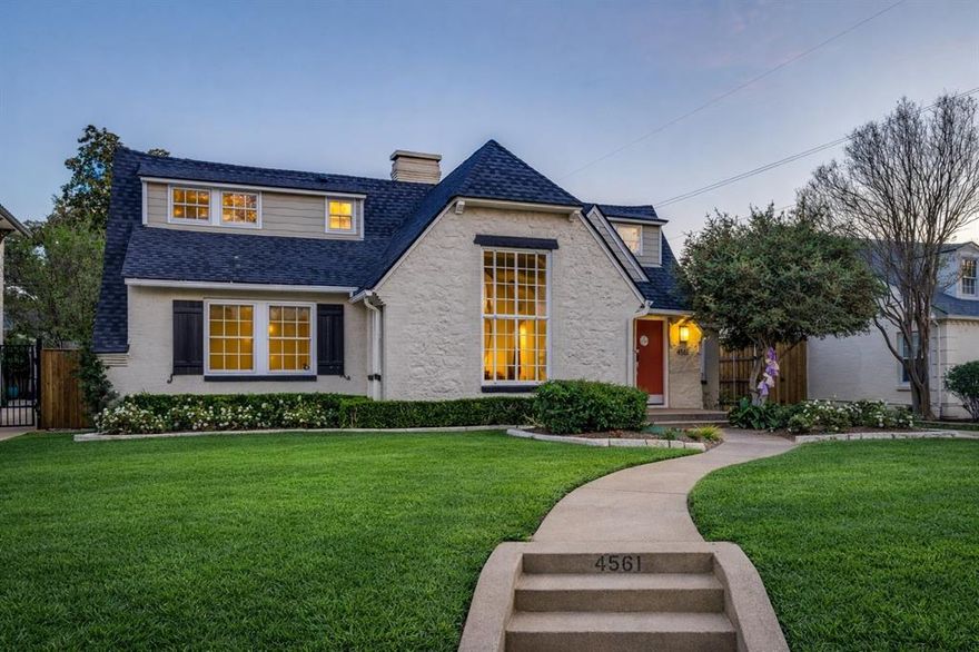 An extremely rare opportunity for a charming, updated and expanded cottage in a fabulous Highland Park location.  4561 Belclaire Avenue occupies a 60' lot on a beautiful block just a short distance from Bradfield Elementary School, Flippen Park and Highland Park Village.  Spaces include 4 bedrooms, 3 full baths, 3 living and 2 dining areas.  Once inside you'll find the incredible original 1930s living room with soaring ceilings, wood beams, stained glass, and a vintage tiled gas fireplace.  Additional interior highlights include hardwood flooring, natural stone kitchen countertops, stainless steel appliances, plantation shutters, recessed lighting, fresh paint and carpet, marble bathroom flooring and countertops, and a downstairs primary suite with dual walk-in closets and additional built-in cabinetry.  The striking backyard offers a very generous and low-maintenace turf play area, covered patio with built-in overhead Infratech patio heaters, board-on-board cedar fencing, sprinkler system, automatic gate, and a 2-car garage.  Enjoy all of this and the benefits of being within the Town of Highland Park with access to the community swimming pool, tennis, parks, and the sought-after schools of the Highland Park ISD.