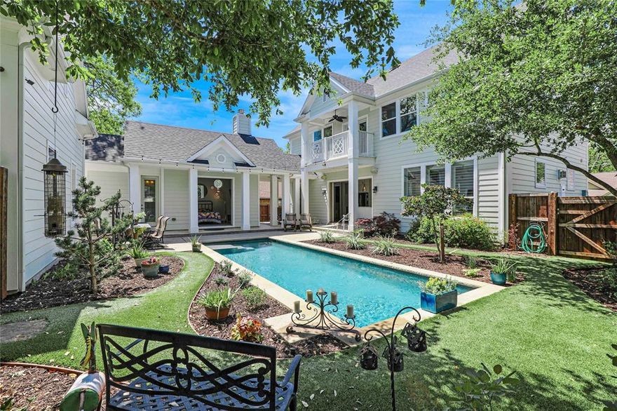AMAZING property walking distance to the downtown Mckinney Historic Square. THIS is truly a UNIQUE property. Step into modern luxury in this newer built home nestled in this charming historic neighborhood. Designed for both everyday comfort and exceptional entertaining, this stunning residence features 3 bedrooms and 3.5 baths along with custom upgrades like hardwood floors and built in cabinets and a coffee bar. The heart of the home is the designer kitchen complete with a dramatic waterfall granite island, double ovens and glass cabinets.  Glass sliding doors in the kitchen open up to the pool, cabana, and outdoor fireplace. Once outside, enjoy your own resort-style oasis featuring a sparkling play pool, low maintenance artificial  turf, and a newly built outdoor bar PERFECT for hosting gatherings year round. The detached cabana includes its own bedroom and bathroom, ideal for guests or a home office. The exquisite primary bedroom has its own balcony, built in bookcases, and it own private retreat complete with a fireplace. Primary walk in shower is LARGE and a beautifully designed custom closet for exceptional storage and organization.   Additional highlights include a detached 2 car garage with an upper floored deck engineered to support a future ADU. This one a kind property combines modern amenities, timeless style, and unbeatable entertaining spaces in a highly desirable historic setting. Your friends will be jealous!   Home was recently included in the Mckinney historic holiday home tour.