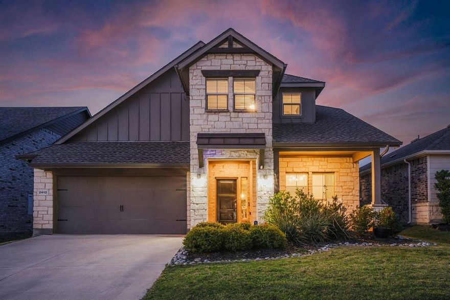 Welcome home to the dreamy Pecan Square! This home gives the perfect balance of comfort with ample storage and functionality, mixed with luxurious high ceilings in the living room and a gorgeous front porch with gorgeous sunrise and sunset views. Relax by the fireplace on cool nights or take a summer plunge in one of the multiple resort-style pools in the neighborhood. With granite countertops and wood-look tile floors, you can trust the longevity and timelessness of the home's design. There's plenty of space upstairs, with a multi-use loft room, three bedrooms, and a full bathroom. Don't forget about the office downstairs that can be used as a private work room, reading library, or a dreamy bar room. The oversized primary suite is a true retreat, offering plenty of room to unwind, along with a luxurious en-suite bath and spacious walk-in closet. You'll love the full use of the neighborhood amenities, just in time for summer! Multiple resort-style pools, pickle ball, tennis, basketball, and sand volleyball courts, putting green, HOA events for the whole family, dedicated working spaces, and MORE! Multiple parks for everyone to enjoy - both kids and dogs! This home won't last long!!!