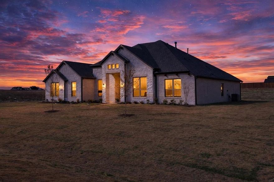 This stunning new construction single-family residence in the Levante subdivision offers 2,665 square feet of thoughtfully designed living space. This traditional-style home features four primary bedrooms and four bathrooms, including three full baths and one half bath, perfectly suited for modern living. The open floor plan is highlighted by vaulted ceilings and decorative lighting, creating a warm and inviting atmosphere. The eat-in kitchen includes granite countertops and a center island, ideal for both everyday use and entertaining. Cozy up by the gas log fireplace in one of the two spacious living areas. Outdoor amenities include a covered patio and a private yard, perfect for relaxing or hosting guests. Additional features include a three-car garage and energy-efficient heating and cooling systems. Located in the highly sought-after Waxahachie ISD, this exceptional home is a must-see.