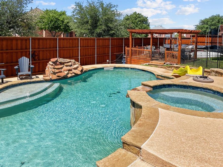 Just in time for summer!  This home has it all.  Easy and quick access to 121 and Dallas North Tollway.  Shopping, restaurants, and entertainment are a short drive away.  Lease payment includes yard & pool maintenance by landlord.  Beautiful corner lot home with 8 foot board on board privacy fence and large pool with spa.  Plenty of room to play and entertain in this massive backyard with pergola-patio area that is great for cookouts. Guest room or home office down.  Formal dining area can be used for music room or home gym area.  Spacious breakfast area adjacent to updated kitchen.  Kitchen features granite counters, newer cabinets, and gas range.  Luxury vinyl flooring downstairs including the master bedroom.  Master bath features huge updated walk-in shower, dual vanities, and custom walk-in closet.  Upstairs has three secondary bedrooms, gameroom, & remodeled secondary bathroom.  Stop by and take a look today.