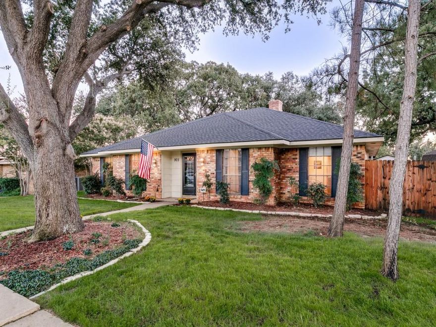 Wonderful 1-story home with beautiful mature oak trees! Prestigious Flower Mound address, quiet tree-lined street & large private wooded backyard! 3 BR, 2 Baths, 2 Living Areas. Laminate wood floors, fresh carpet & neutral paint! Spacious Family Room with brick fireplace & built-in bookshelves! 2nd Living area makes a fun Game Room or Home Office with window walls opening out to screened-in Porch!  Makes a cozy spot for your morning coffee! Kitchen has stainless steel appliances, pantry, appliance garage, ample cabinet space & opens to a bright Breakfast Area! Dining Room has original corner built-in hutch! Primary Bedroom has ensuite bath with 2 separate sinks-vanities, 2 walk-in closets & a 3rd Bonus vanity space! Laundry Rm has built-in cabinets, a window for natural light & even space to add a mudroom bench! Extra-deep 2 car garage. Lockable 10x14 Storage Shed. Full sprinkler system. Artificial turf in backyard for easy maintenance. NO popcorn ceilings! Walking distance to neighborhood park! Desirable Flower Mound schools! Roof, HVAC & water heater replaced in 2024. Ready for you to make it your HOME!