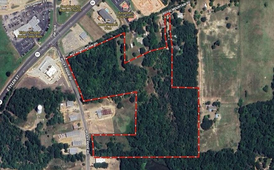 PRIME COMMERCIAL POTENTIAL - LAND ONLY.  25.99 acres located just off Texas Highway 31 East with approximately 1,455' of road frontage on Rocky Ridge Road and Royal Mountain Road.  The property is zoned Ag with utilities available and close by.  This property offers much potential for development.
