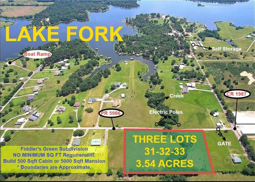 Welcome to Lake Fork Texas! Here are 3 Lots, being sold together, totaling 3.54 acres. Located in Fiddler's Green, a Gated Subdivision sitting on the shores of Legendary Lake Fork. HOA restricted to site built homes only, but no minimum square footage. Lots are mostly level and may have a slight view of Lake Fork across the street. Subdivison is gated with HOA maintained private roads and a good community boat ramp to Lake Fork. This would be a great no stress environment to build your dream home and retire or just down size and build something easier to maintain. No minimum square footage gives you lots of options! Seller will consider owner finan'cing with acceptable terms. Buyer to verify any and all information.