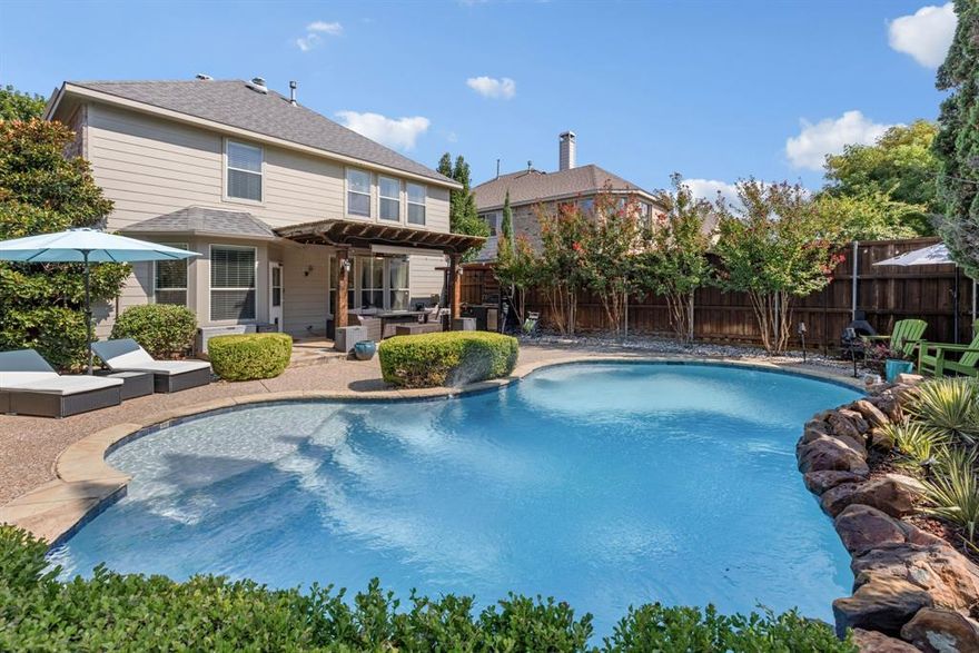 ***A Great Value with a $26K reduction off Sales Price with all Appliances included*** This Move-in Ready, East-Facing 3-bedroom, 3-bathroom home in Frisco ISD with a stunning pool offers a perfect blend of modern amenities and classic charm, situated in a highly desirable McKinney, TX location. Step inside to discover a meticulously updated interior, designed for both daily living and entertaining. The remodeled kitchen is a chef's dream, featuring brand-new Quartzite countertops, a potfiller, appliances, and cabinetry. The spacious living area is equally impressive, with a freshly painted fireplace and staircase that add a touch of elegance and sophistication. The home includes many smart features, including light and thermostats for effortless control and a cell signal booster to ensure strong reception throughout. The space boasts a covered outdoor kitchen area and a beautiful pergola. Enjoy the tanning ledge poolside and brand-new Aiper Smart Pool Equipment. For your storage needs, a convenient outdoor shed is also included. This exceptional property comes with a number of valuable features that provide significant added value and peace of mind. Outdoor Govee Trim Lights are installed and wifi-enabled for any color occasion. The sale includes the kitchen refrigerator, oven, and microwave, as well as a complete set of washer and dryer. The kitchen sink features an integrated cup washer for modern convenience. The home has been meticulously maintained and there is a transferrable home warranty in effect until February 2026. The exterior has been upgraded with a new front flower bed, creating a welcoming first impression. Located near a brand new Costco & HEB. Walking distance to two beautiful parks. Adjacent to the Apex Center, Library, and tennis, Pickleball Courts. Don't miss your chance to own this exceptional property.