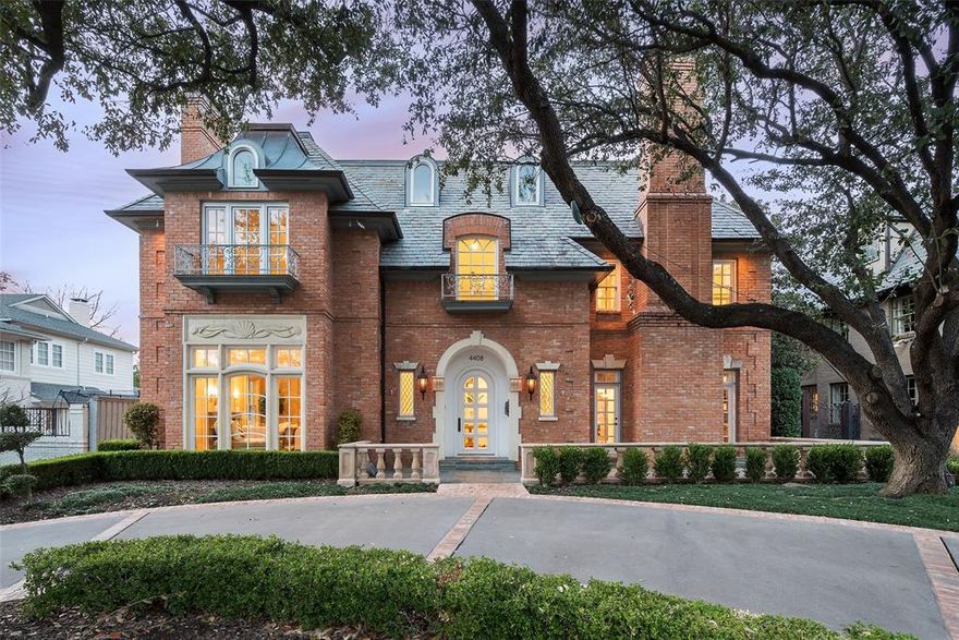 4408 Arcady, an incredible Highland Park manse on a .273-acre landscaped lot, built in 1985 by Mel Pollock. Conveniently located between Armstrong and Lomo Alto, and perfectly situated on a classic block in Highland Park. An elegant foyer with a sweeping staircase welcomes you into the formal sitting room on the left, with a gorgeous oak study to your right, each adorned with woodburning fireplaces. A spacious breezeway connects the formal dining, wet bar, and the spacious family room that opens to the covered loggia. The eat-in kitchen holds a beautifully-appointed breakfast room. Upstairs features the primary suite with separate baths, custom closets, a sitting area with a decorative fireplace, and beautiful French-doors that open to a balcony overlooking the pool and spa. Four secondary en-suite bedrooms with walk-in-closets, and a laundry room, complete the second floor. The third story boasts a spacious bonus room complete with a wet bar, and two additional en-suite bedrooms. The oak-canopied backyard includes a cabana with a fireplace, pool and spa, and an outdoor kitchen and living area, accompanied by an oversized 3-car garage.