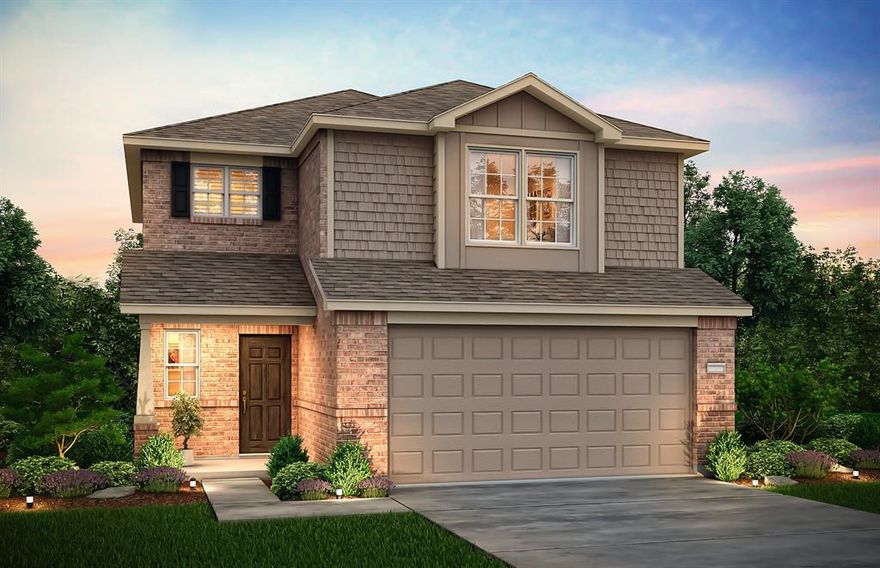 NEW CONSTRUCTION: Travis Ranch by Centex in Forney. Two-story Lincoln plan - Elevation X. Available for October - November 2023 move-in. 4BR, 3BA + LVP flooring + Blinds included + Double vanity in owner's bath + Onsite amenities such as pool, splash pad, and park - 2,029 sq. ft. Spacious home with two secondary bedrooms and a large gathering room.