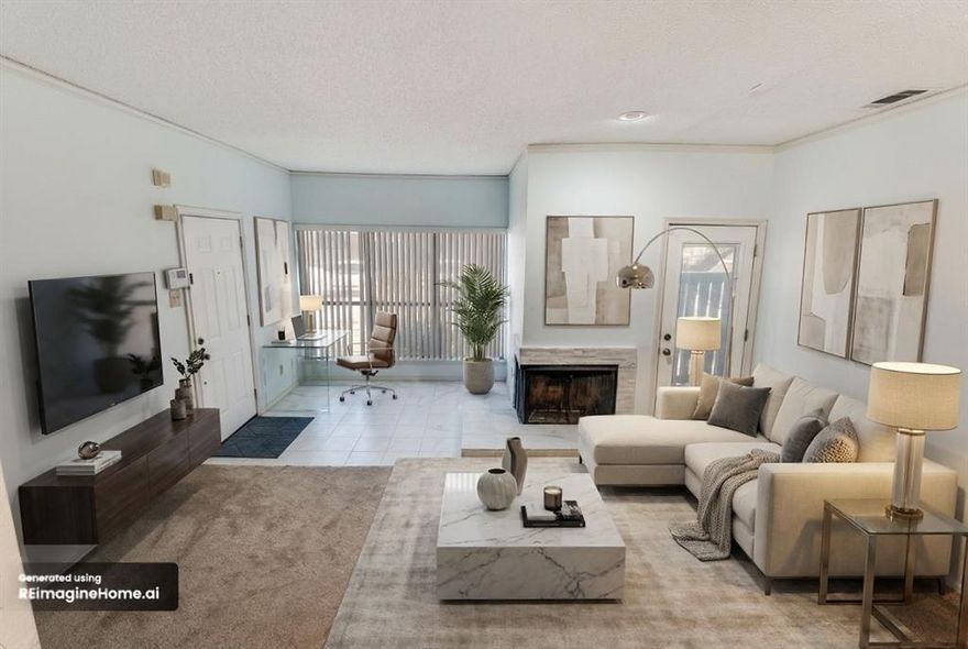 Charming first floor two bedroom & one bath condominium in North Arlington near the entertainment district including AT & T Stadium, Globe Life Field, Six Flags Over Texas & Hurricane Harbor. Featuring an open concept layout, the living room flows into the dining room, perfect for entertaining. The living room includes a tiled floor area, perfect for a study and a cozy two sided wood burning fireplace. A covered patio is located off of the main living area, perfect for enjoying outside dining. The galley kitchen offers all the amenities & includes the utility for convenience. Two spacious bedrooms both feature walk-in closets. The primary bedroom also enjoys a second patio for relaxing & unwinding. A hall bathroom offers two separate vanities and a spacious glass enclosed shower. During the summer, residents can relax and enjoy the community pool. This condominium is perfect for first time homebuyers, downsizing or for owners who desire a low maintenance lifestyle in a prime location near shopping, the DFW Airport, & entertainment venues.