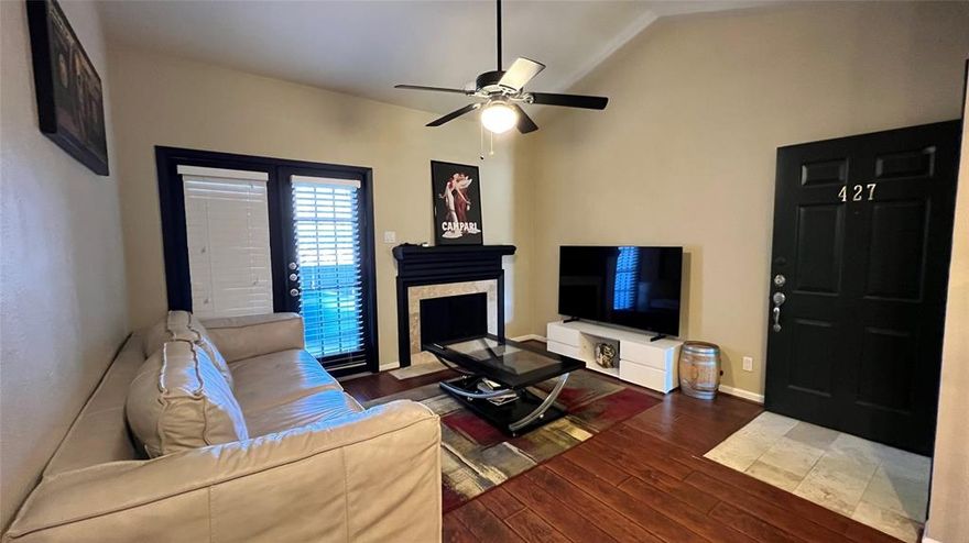**seeking a 6-month or 12-month lease – partially furnished** Updated condo in a gated, well-maintained community, with one reserved, covered parking spot. Second-story unit has an open concept with engineered wood flooring, a kitchen with granite countertops, and a bedroom with a large walk-in closet. French doors in the living room lead to a private balcony with extra storage. A new elementary school is conveniently located across the street, and you will enjoy being close to the SoPac Trail, Topgolf, Target, and other retail shops and restaurants, as well as proximity to Highway 75, SMU, Presbyterian Hospital, and Northpark Mall. Washer, dryer, and refrigerator are included. Water, sewer, and trash service are included with the monthly rent. Community amenities include a pool and a dog park.