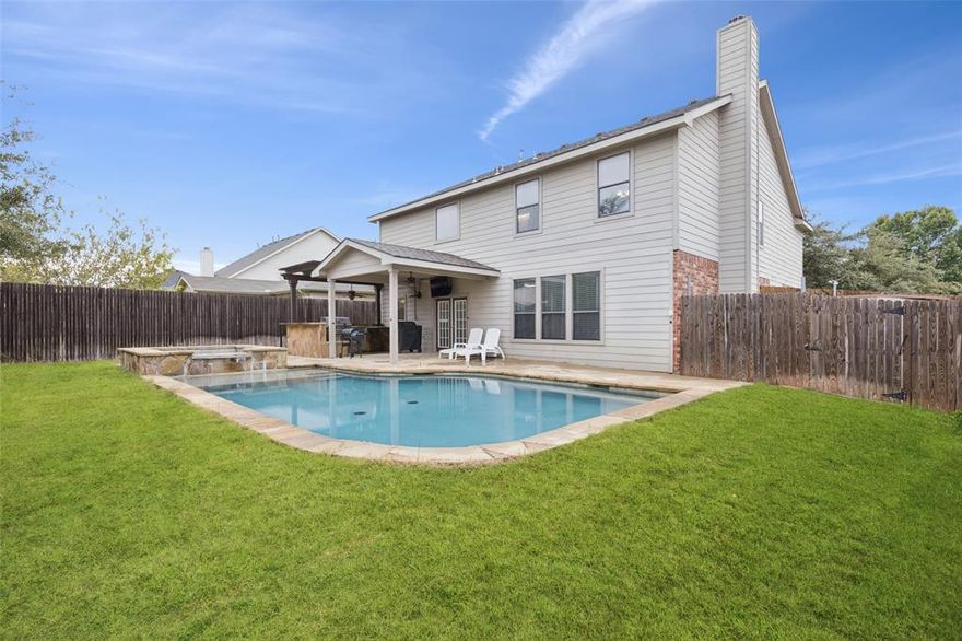 $10,000 closing credit offered by seller to use in any way the buyer needs. Exceptionally maintained and beautifully updated, this stunning 4-bedroom, 2.5-bath home sits on a desirable corner lot and offers a perfect blend of style, comfort, and functionality. The versatile floorplan includes a formal living area and two inviting family rooms, providing ample space for relaxation and entertaining. The downstairs family room features a stately fireplace and seamlessly flows into the modern eat-in kitchen. Designed for both everyday living and entertaining, the kitchen boasts a breakfast bar with seating, built-in appliances, a designer backsplash, ample storage, and a bright breakfast nook filled with natural light. Upstairs, all bedrooms are thoughtfully arranged alongside a spacious additional family room or game room, offering endless flexibility for work, play, or leisure. The serene primary suite provides a peaceful retreat with a spa-like ensuite bath featuring dual sinks, a jetted tub, a separate shower, and a walk-in closet. Generously sized secondary bedrooms and a well-appointed shared bath complete the upper level. The private backyard oasis is an entertainer’s dream with a sparkling pool, expansive patio, and beautifully landscaped outdoor living space perfect for gatherings or quiet evenings under the stars. Ideally located near parks, shopping, and dining, this exceptional home combines elegance, comfort, and convenience in one perfect package. 3D tour available online.