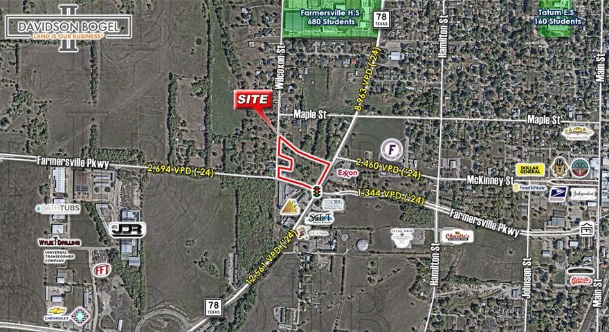 This 3.4-acre commercial property in Farmersville, Texas offers a prime opportunity for development, positioned on a highly visible hard corner. The site is minutes away from both US 380 and downtown Farmersville and just north of the future US 380 realignment. This site is ideally suited for a variety of commercial uses, particularly a fuel or convenience store user. Both water and sewer are available to site.
