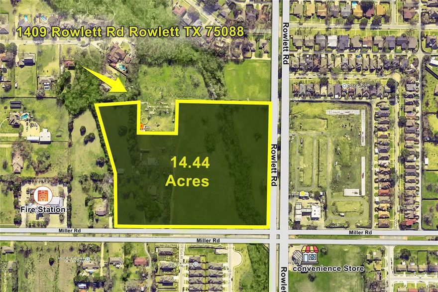 NEED A QUICK CLOSE CASH BUYER!!! Excellent Location to Develop & Build Homes in Rowlett, Texas. Perfect for a Residential Subdivision with a Retail Center or Freestanding Commercial Pad Sites. Entire 20 Acres can also be sold with 3802 Miller Rd (14.44 acres) & 1409 Rowlett Rd (5.57 acres) or can be Divided. There is an existing 2886 SF Structure here and All is to be sold for Land Value. This Land is currently being used as a Horse Ranch. There is a Small Portion of the Creek Area closer to Rowlett Rd. New Housing Development across the street. Less than a mile from George Bush Freeway and the Downtown Rowlett area. Buyer and Buyer's Agent to verify all information. Perfect Opportunity for and Buy and Hold or a 1031 Exchange. Please Don't access the Land without an appointment. Plans were not finalized. House on the 1 Acre is condemned. Parcel 650347606100200HS is included in the acreage listed. All is Ag but 1 acre with the home.