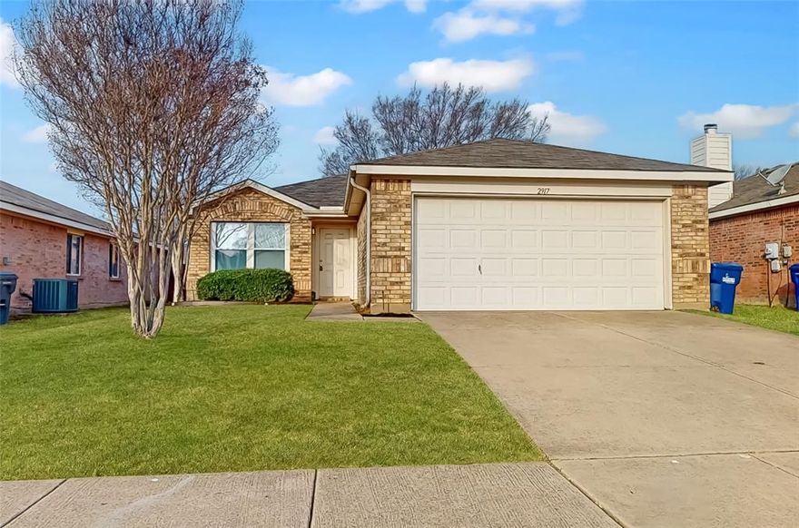 Completely updated single-story in terrific North McKinney location near endless dining, shopping, and entertaining options! Inside you will find 3 bedrooms, 2 full baths, and 2-car garage. Upgrades and amenities include all new wood-look ceramic tiling and luxury vinyl flooring with plush carpeting in all bedrooms, neutral paint tones throughout, open-concept layout perfect for entertaining, split bedrooms for added privacy, and MORE! Spacious kitchen boasts granite countertop, bright white cabinetry, brand new stainless steel appliances including an electric range, and adjacent dining area. Primary bedroom secluded at the rear of the home is the perfect retreat, complete with a luxurious ensuite bath and large walk-in closet. Two bedrooms at the front of the home share a full hall bath. Private backyard offers a pergola-covered patio area and mature shade tree!