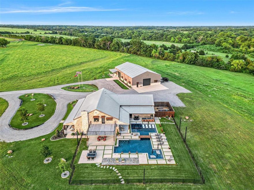 This custom-built modern farmhouse comes fully furnished and equipped with smart home features you won't want to miss. The magnificent 52-acre estate boasts manicured rolling hills and offers unparalleled luxury living just under 15 miles from McKinney Square. The home features a spectacular chef’s kitchen with a 9x12 island and electric garage door windows that open to a resort-style 40,000-gallon pool and 10-person hot tub, with over 2,100 SF of covered patio space for seamless indoor-outdoor entertaining. Additional highlights include a spacious media room, game room, office, custom bar, and an all-steel safe room. Complementing the main residence is an immaculate 6,000 SF shop with large garage doors (10x10 on the home and 14x14 in the shop) for ample storage and workspace. The shop includes a full bath, kitchenette, and office, with 1,500 SF of living space that can be transformed to suit your needs—whether as a fifth and sixth bedroom, a spacious apartment suite, or ideal quarters for multi-generational living or a nanny. The estate also offers a gated, pipe-fenced entry, a private pond with dock, crushed asphalt roads, and extensive utilities, including fiber optics and natural gas, making it both self-sustaining and connected. Plus, the property has an AG exemption, and the first floor of the home is ADA accessible. Your private, peaceful paradise awaits!