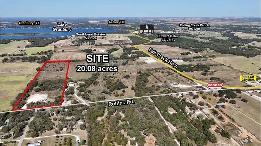 Agriculturally-exempt tract along Rollins Rd. in Granbury, TX. The property has approximately 493 feet of frontage along Rollins Rd. and has great visibility from the road. Nearby attractions include Lake Granbury and the Brazos River. The property is free and clear of floodplain and has already been surveyed.