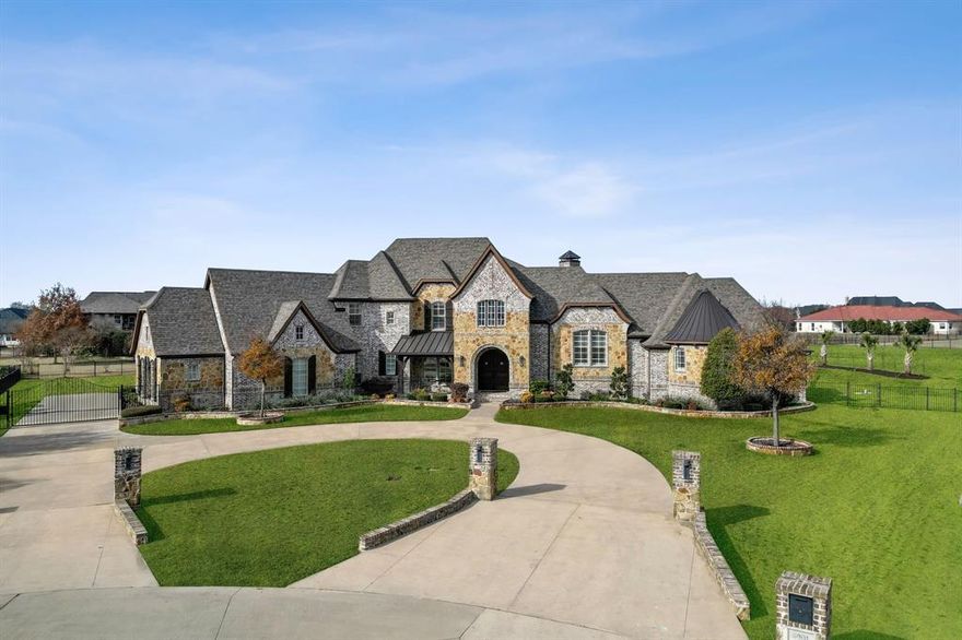 Luxurious custom in Brooks Farm Estates, 1.3+AC(cul-de-sac) of pristine landscaped grounds. This smart-home boasts impeccable design & opulent features. Towering ceilings & hardwood floors grace the interior, complemented by a Wine Grotto & spacious living area w wall of glass windows & French doors. Entertainment options abound w Rec room, a Private Theatre & Personal Gym. Elevated landing hosts a Private Office for work or relaxation. Outdoor living oasis w an expansive covered patio, multi seating areas & full outdoor kitchen. Heated saltwater pool, spa, tanning ledge & custom fire bowls create a resort-like atmosphere. Owner's Suite is a haven, offering dual dressing areas, a secret room & spa w walk-thru steam shower, stand-alone jetted tub, dual vanities, washer & dryer connection. Enjoy outdoor activities w Volleyball sand court & Basketball court. The property includes a 5car garage & gated driveway for ultimate privacy. This residence defines luxury living at its finest.