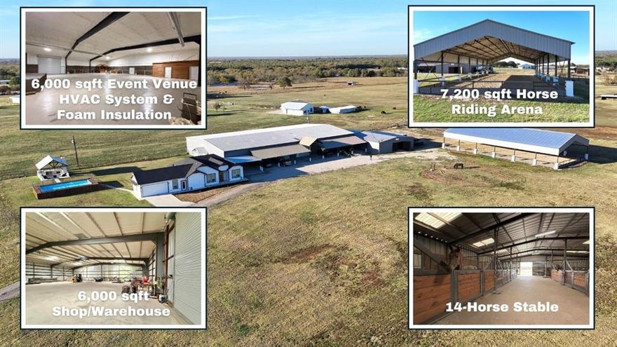 PRICED TO SELL!! INCOME POTENTIAL. GORGEOUS 13-ACRE RANCH INCLUDES A 7200 SQFT HORSE RIDING ARENA,   6,000 SQFT EVENT VENUE WITH CAPACITY FOR 300 GUESTS, 6,000 SQFT WAREHOUSE WORKSHOP,  150X20 COVERED PORCH, 14-HORSE STABLE AND A 2,150 SQFT MODERN FARMHOUSE FROM 2023* WITH LOTS OF UPGRADES. IT INCLUDES AN OUTDOOR KITCHEN AND ABOVE-GROUND POOL WITH 16'X32' DECK. COZY MODERN FARMHOUSE WITH OPEN CONCEPT FEATURING 4 BEDROOMS, 2 BATHROOMS, 1 OFFICE, AND 2-CAR GARAGE. GRAND KITCHEN WITH GORGEOUS CUSTOM CABINETS REACHING THE CEILING, HUGE ISLAND, AND BEAUTIFUL QUARTZ COUNTERTOPS. LOVELY MASTER BEDROOM WITH STAND-UP SHOWER AND FREE-STANDING TUB. ELEGANT TILE FLOORS THROUGHOUT THE HOUSE. HIGH CEILINGS AND RECESSED LIGHTING THROUGHOUT. MAKE THIS GORGEOUS RANCH YOURS! ALL INFORMATION DEEMED RELIABLE. BUYER(S) & BUYER'S AGENT TO VERIFY ALL INFORMATION.