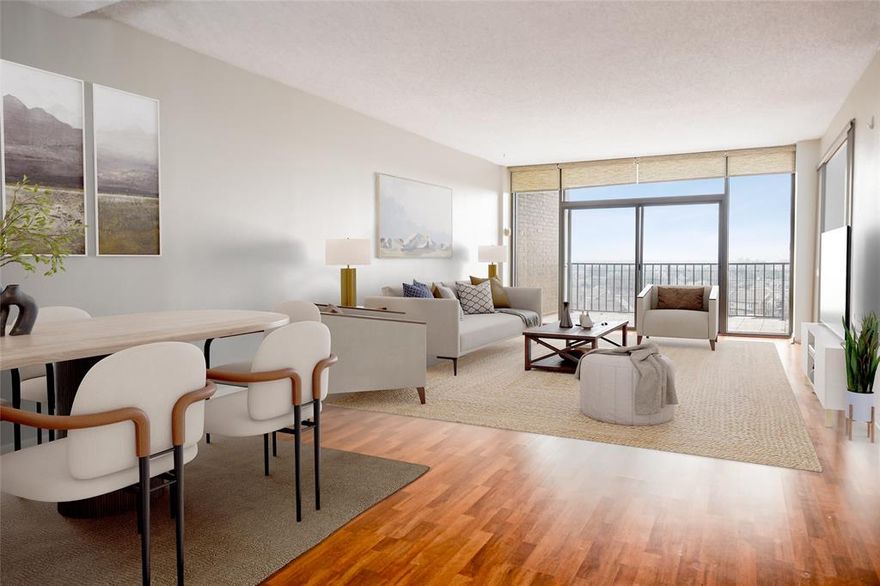 This condo offers a fantastic opportunity to make it your own. Featuring wood-like flooring throughout, an open kitchen with granite countertops, and a spacious layout, this home has great potential. The kitchen is equipped with a washer, dryer, refrigerator, and space for a breakfast table. The master bedroom provides plenty of room for creativity, with a desk area, walk-in closet, and a bathroom featuring a dressing table, separate shower, and bathtub. Enjoy beautiful views of Downtown Dallas while avoiding direct sunlight for a peaceful setting. Residents of The Bonaventure enjoy a wide range of exclusive amenities, including 24-hour security, concierge services, a state-of-the-art gym, indoor and outdoor pools, a jacuzzi, sauna, steam room, and tennis and pickleball courts. Two community rooms further enhance the appeal of this exceptional property, all in a prime North Dallas location.