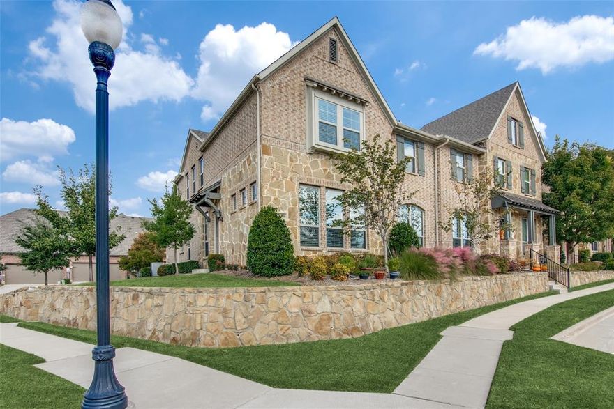 Wonderful one-owner townhouse in the coveted Greens at Stacy Crossing! Frisco ISD, easy access to shopping and dining. This prime end unit across from the community pool has been meticulously maintained. The spacious primary suite is downstairs, upscale primary bath with dual sinks, separate tub and shower, and generous walk-in closet space. Open concept floorplan with a nice flow from between Living room, dining area and kitchen, with a coffee bar area and extra seating at the breakfast bar. Powder bath downstairs for convenience and guests. Granite countertops, gas cooktop, microwave, pantry, stainless-steel appliances, and full washer and dryer area. Upstairs are 2 generous bedrooms with a shared hall bathroom that has hardly been used, and a large multi-use living area. Abundant natural light, charming fixtures, and an attached 2-car garage with a plug-in for an electric vehicle, complete the list of everything you need for modern comfort. HOA maintains the yard and structure for low maintenance living. Refrigerator will convey to the new owner.