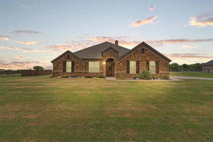 Welcome to this stunning 4-bedroom, 2.5-bath custom brick home nestled on a spacious 1-acre lot. Designed with both comfort and elegance in mind, this home features a breathtaking kitchen complete with an oversized island perfect for entertaining, beautiful granite countertops, a walk-in pantry, and ample cabinetry.

The inviting living room is filled with natural light thanks to expansive windows and showcases a floor-to-ceiling stone fireplace flanked by built-ins—creating the perfect space to relax or host guests. The oversized primary suite is a true retreat, featuring a custom wood-paneled ceiling, spa-like ensuite bath, and an impressively large walk-in closet.

The oversized laundry room offers additional storage, cabinetry, and space for a second refrigerator. Step outside to a covered back patio ideal for entertaining or simply enjoying the beauty of Texas sunsets. The backyard also includes a large storage shed for added convenience.

Additional features include spray foam insulation in the attic and a New HVAC system. Located in a neighborhood that offers a community pool, scenic ponds, playground, and walking trails—this home truly has it all!