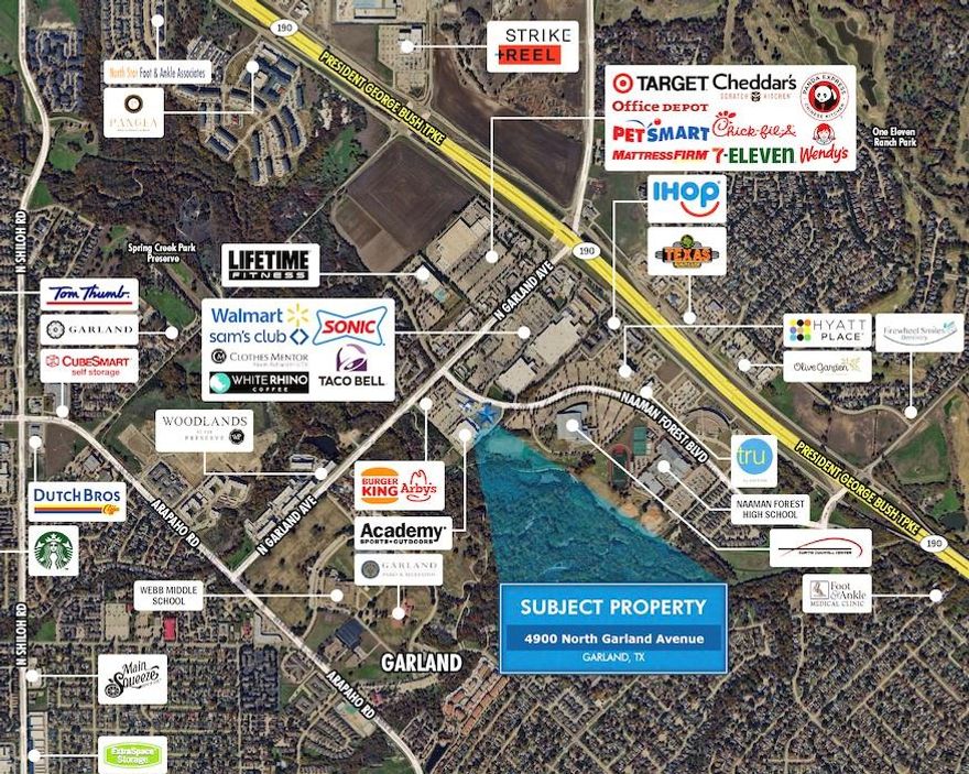 Mixed use development coming soon: shopping, restaurant, & build to suite.

Zoning: PD CR

The following have been completed in the land:
  -Driveways from both North Garland and Naaman Forest Blvd including Left Turn Lanes 
  -Storm Sewer at property
  -Water at property
  -Detention 
  -Electric conduit all the way from transformer to the Academy sign
  -Tree Mitigation and lot clearing