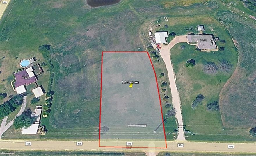 1.14-acre Princeton homesite with approximately 164 feet of CR 496 road frontage. This is Lot D of seven planned homesites being divided from a 17.655-acre Princeton property (subject to survey and final platting before sale). Right-sized for a custom home build, with an established neighborhood feel and quick access to Hwy 380. Princeton ISD: Leta Horn Smith Elementary, Huddleston Intermediate, Clark Junior High, Princeton High School.

DEED RESTRICTIONS (first 30 years from initial closing): no mobile homes, no multifamily, no storage facilities, and possibly others. Seller will pay for the initial survey and platting of the land. Buyer is responsible for verifying and installing their own utilities and road entrances.

Six other planned homesites are also available individually or in combination — including the existing custom home on Lot E. Combine D and E (5.58 acres) for an expanded estate around the existing home. Ask listing agent for the planning map and KMZ.