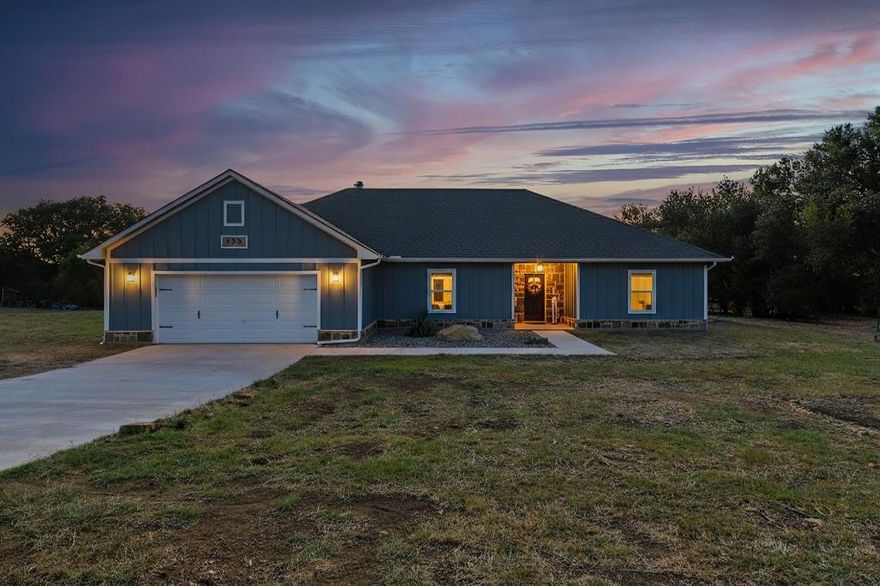 Welcome to this 2023 custom built, modern farmhouse that boast 3 bedroom, 2 bathroom, and 1 office space, situated on 8.25 acres. This property features 2,107 sqft of living space with breathtaking stained concrete flooring throughout. Upon entering you will notice the high vaulted ceilings, open concept kitchen with built in appliances, granite countertops, and plenty of soft close cabinet space. The oversized living and dining area offers plenty of space for hosting or family gatherings. This split floor plan features an oversized master suite with an enormous walk in closet. The master bathroom offers a double headed shower, and two separate vanities with granite countertops. The two guest bedrooms over plenty of space with walk in closets. Outside you will notice the peaceful scenery with numerous mature oak trees. With no HOA, this property welcomes any and all livestock, outbuildings, mother in law suites, secondary residences... the list goes on. Horses are welcome!! The property features its own private water well, water softener, and aerobic septic. No water or sewer bill!! A property like this is rare to find!! Sellers are motivated!!