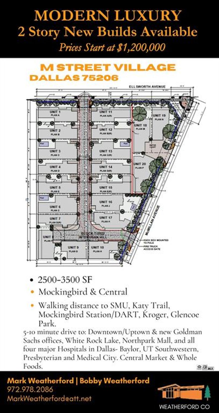 M Street Village is Dallas's newest Intown Community consisting of twenty residential lots in a prime location, being a few blocks south of Mockingbird and three blocks east of Central Expressway. Only a short walk to SMU, DART, Glencoe Park, Katy Trail, and Greenville Avenue, as well as a 5-10 minute drive to Uptown Downtown, new Goldman Sach's offices, White Rock Lake, NorthPark Mall, numerous grocery stores, and the four major Hospitals in Dallas. Buyers have the option of having their home built by Weatherford Company or an approved builder.
These homes will be 2,000-3500 sq ft and range from $1,100,000 - $1,750,000. Homes will start construction this summer.  Check out our Virtual Tour above!

Seller is also listing agent