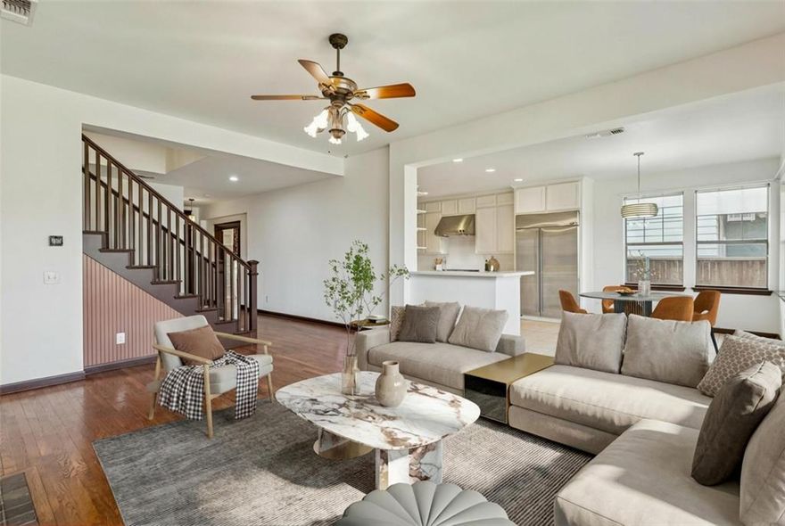 Welcome to this beautifully designed Craftsman-style home in the sought-after Mayberry Park neighborhood of McKinney, where timeless charm and thoughtful design create an inviting and connected atmosphere. Offering 4 bedrooms and 3 full baths, the light-filled open floor plan is ideal for both everyday living and entertaining. At the heart of the home, the chef’s kitchen features high-end GE Monogram appliances, including a built-in commercial-grade refrigerator, abundant cabinetry, generous prep space, and an oversized walk-in pantry with exceptional storage, while a butler’s pantry adds both function and elegance with space for a wine refrigerator or additional mini-fridge. The kitchen flows seamlessly into the spacious living room anchored by a warm and inviting fireplace. The flexible layout includes a downstairs bedroom and full bath, ideal for guests, while three additional bedrooms upstairs provide privacy and separation. A dedicated home office offers a quiet workspace, and the private primary suite serves as a relaxing retreat with an attached flex space perfect for a sitting area, nursery, second office, or fitness room. Enjoy a rare greenbelt setting with greenspace both in front and behind the home, offering added privacy and room to unwind. The charming covered front porch overlooks peaceful open space and reflects the character of the neighborhood, where parks, trails, and welcoming front porch settings encourage connection and a strong sense of community. Ideally located near parks, shopping, dining, and top-rated McKinney ISD schools, this home blends classic Craftsman style with modern functionality in one of McKinney’s most desirable settings. Preferred lender, Travis Nguyen—qualified buyers may receive a closing cost incentive of up to $13,580. Contact listing agent for full details and eligibility requirements.