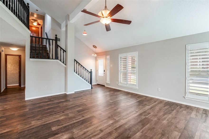 WELCOME HOME!!  Owner just updated the home with retextured walls and paint.  LVP flooring installed 2 years ago and many other updates done right before purchase.  PREMIUM Corner lot that backs to a green belt.  Tranquil living in the city!  This home boasts a large living area with soaring ceilings, fireplace, and plantation shutters.  Nice kitchen with upgraded cabinets, under cabinet lighting, and butcher block countertops.  Have a nice meal in the breakfast nook that overlooks the pool and green space behind the property.  Generous primary bedroom on first floor complete with en suite bathroom that has an upgraded double vanity with jetted tub and walk in shower.  Upstairs you will find a game room and bonus room that can function as a study.  3 additional bedrooms and a full bathroom.  Relax at the end of the day in your private backyard that has a pool and board on board privacy fence with a lush greenbelt view from the pool.  Lots to LOVE about this home.  MUST SEE!!