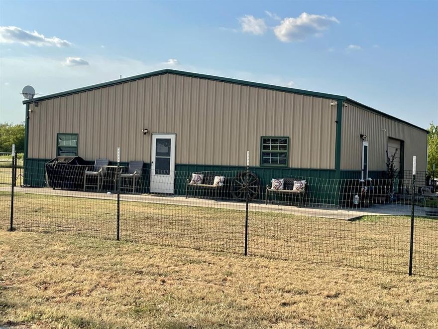 Great barndominium 1bed, 1 bath, with 1600 sq ft shop with 2 rollup doors, concrete floors, custom cabinets, fenced yard, patio, trees, sets back from county road for privacy, corner property, 10.8 acres, water well and septic, RV hookup with 30 and 50 amp and concrete parking, carport, secluded, quiet and peaceful living.