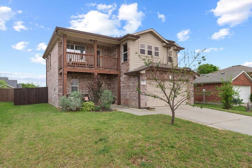 Welcome to this bright and happy home!  Front porch welcomes you with rocking chairs and the front peach tree and plantings are native to the Texas. Downstairs offers a spacious family room with lots of windows and light from the back yard.  Downstairs is tile and laminate flooring.  The kitchen is a wonderful space with large island and abundant quartz counter tops, shelving and subway tile.  Cozy eat in kitchen offers a place to eat and gather! This home does come fully fitted with a refrigerator and washer and dryer ready for its next homeowner. Half bath downstairs perfect for guests and tucked away for privacy. Upstairs 3 bedrooms, 2 baths, a loft area which is perfect for a home office or gameroom, laundry, and a balcony to get back with nature. Primary suite includes a spacious bedroom, walk in closet that has been customized for optimal clothing storage, and large primary bathroom complete with double sinks, soaking tub and separate shower. Guest rooms have nice size closets and fans.  Backyard has a large patio and nice sized grassy area large enough for a trampoline or other play equipment. Playhouse in backyard stays and is great storage, set up for electric and AC.