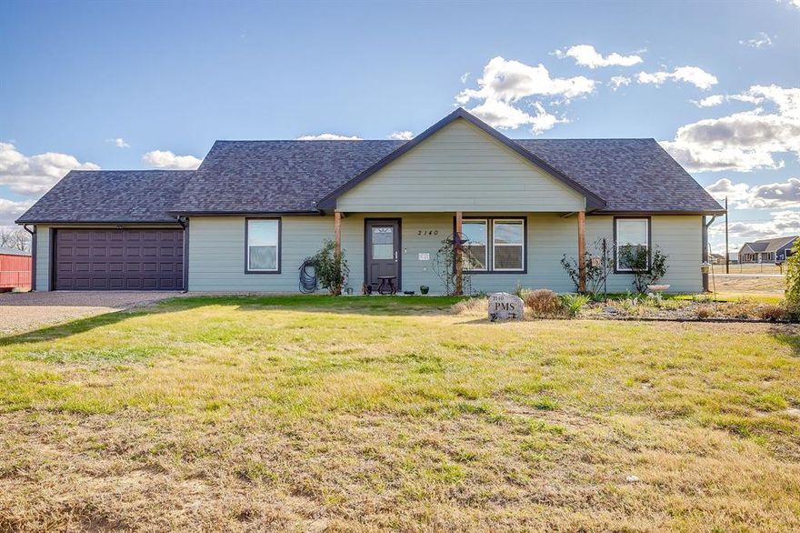 This beautifully maintained 3-bedroom, 2-bath one-owner home sits on a spacious 1-acre corner lot, offering the perfect blend of peaceful country living and modern convenience. Built in 2022 with quality craftsmanship, the home features attractive wood-look tile flooring in the main living areas, granite countertops, custom wood cabinetry, ceiling fans, and carpeted bedrooms for comfort. The spacious primary suite includes dual sinks, a separate walk-in shower, & walk-in closet. One of the standout features is the 25’x20’, finished flex, bonus room, providing versatility for a private home office, gym, studio, game room, hobby room, or guest retreat. Outdoor living is just as inviting with a covered front porch perfect for sunrise coffee, a 24’ x 20’ covered back patio ideal for entertaining, raised garden beds, grapevines, and beautiful landscaping across the property. Additional highlights include a 12’ x 12’ mower garage, a 2-car garage, and a chip seal driveway and front walkway (double hot tar & pea gravel). Extensive improvements and hail-related repairs have been completed, including a new roof with composition shingles (30-year shingle warranty, 5-year labor warranty), new gutters, updated plumbing vent pipes and metal square vents, replaced front guest bedroom window and screens, and a new insulated steel back garage door with upgraded tracks, hardware, and a lifetime warranty on springs and rollers. This home has been meticulously maintained with monthly septic maintenance, pest control prevention six times per year, and HVAC maintenance every spring and fall (one year remaining). The home builder provided the owners with a Maverick Home Warranty that is active and transferable. Property is eligible for USDA Financing.