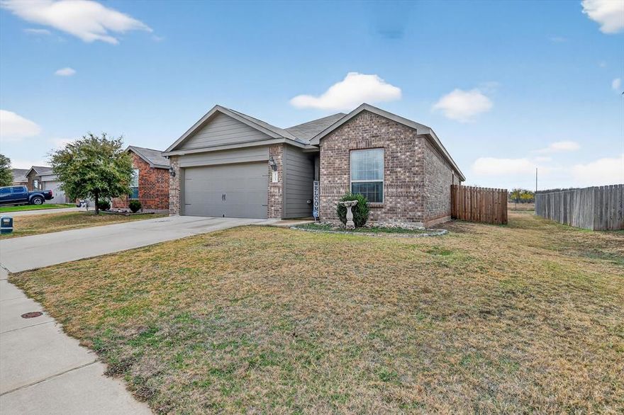 Welcome home to this beautifully maintained 2018 single-story brick home located in the desirable Stone Creek Ranch community of Fort Worth. Offering 3 bedrooms, 2 full baths, and 1,636 sq ft, this home features a bright, open floorplan designed for comfortable everyday living.

The spacious living area flows seamlessly into the kitchen and dining space, making it perfect for entertaining. The kitchen boasts granite countertops, ample cabinetry, a pantry, and a water line for the refrigerator. The private primary suite includes a walk-in closet, dual sinks, and a separate shower, while the secondary bedrooms also feature walk-in closets.
Located within Eagle Mountain–Saginaw ISD and just minutes from shopping, dining, and major roadways, this home combines comfort, convenience, and value. Don’t miss this opportunity!