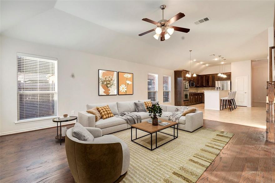 MOVE-IN READY HOME, PERFECT FOR YOU! This marvelous home offers 4 bedrooms and 3 full bathrooms with an easy-flowing open layout. The living room features a cozy fireplace and connects to a bright eat-in kitchen with a breakfast nook, double built-in ovens, microwave, gas cooktop, dishwasher, and refrigerator. Low-maintenance flooring enhances the main level, while the walk-in laundry room comes equipped with a full-size washer and dryer. The spacious primary ensuite includes dual sinks, a soaking tub, a glass-framed shower, and a walk-in closet. Upstairs, you’ll find a generous game room paired with a full bathroom for added convenience. A formal dining room provides space for gatherings, and outside, the fenced backyard and covered patio are perfect for relaxing. 10417 Flat Creek Trail is located in the Reserve at Westridge community near Westridge Blvd and Independence Pkwy in McKinney, residents enjoy access to a clubhouse, pool, and peaceful lake. Schedule a tour before this one is gone. Discounted rate options and no lender fee future refinancing may be available for qualified buyers of this home.