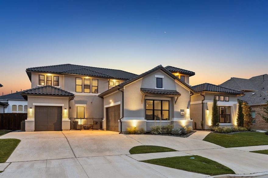 Situated in the gated and guarded community of Lexington in Frisco, this well-designed estate offers many luxury designs with a well-thought-out floor plan, making spaces for everyone! There are hundreds of thousands of upgrades to enjoy! Every inch of this home has been designed with a crafted blend of elegance & modern comfort from its two office suites, in-law suite, grand living and kitchen space, downstairs game room & media room, and don't forget fabulous outdoor living!  The gourmet chef's kitchen is a culinary masterpiece, boasting top-of-the-line appliances, a built-in refrigerator, and a large center island with counters covered with custom quartzite. Seamlessly flowing into the dining room & family room, a wall of door sliders line the wall where you can open it up to bring you to your resort-style pool and lush backyard sanctuary.  The covered patio features a fireplace and grilling area; you can close this area off with the electric screen. Feel like a dip in the pool? Enjoy this pool by lounging on the pool's lounge chairs or swimming. There is plenty of extra grass for play, too!  The primary suite is nestled in the back of the home for extra privacy and features a sitting area, a bath with separate vanity spaces with quartzite c-tops, a walk-in shower, a soaker tub, and a custom-designed walk-in closet. This room is finished off with the vaulted ceiling and beam. The downstairs in-law suite includes a private sitting room with a built-in bar, an adjoining bedroom, and a private bath. Walk up the staircase to a living space with three generously sized bedrooms, each with a private bath. Other features of this home you won't want to miss are the secondary cooktop area in the utility room, prayer room, and 3-car garage. You will enjoy walking through each room of this home and taking in the architectural design features added to make each room special.