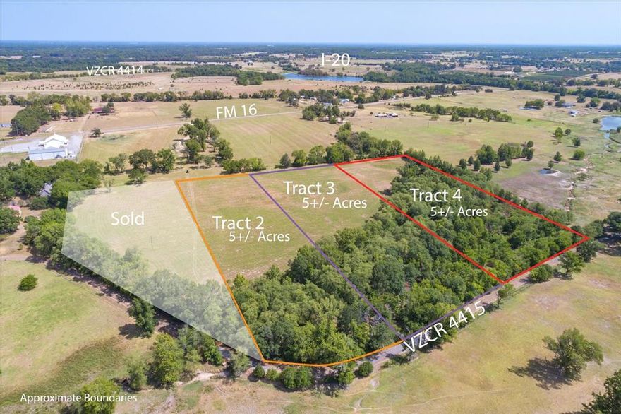 HARD TO FIND SMALL ACREAGE TRACTS - 5.01 ACRES - READY TO BUILD - part pasture, part wooded with creek through the wooded section. Currently under AG exemption for hay and cattle . New owner will need to make their driveway off CR 4415 which will require some clearing and a culvert or bridge across the creek - VAN ISD - in between Van & Canton and just a few miles off I-20 for easy commute. Little Hope water available to be brought down the road, choice between Wood County and TXU for electric. Deed Restricted to no more than 2 single family residences per 5 acre tract, site built homes only, no dumping, no abandoned cars, no pigs and no fighting roosters. Property can be accessed and shown by appointment and through the seller's personal driveway off FM 16. Tracts 1, 3 & 4 are already sold.