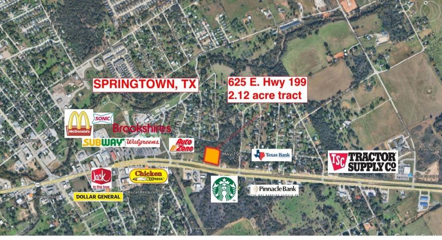 2+ acre commercial property across from Starbucks and also very near other major retail chains such as Tractor Supply, Autozone, O'Reilly, Pinnacle and Texas Bank, McDonald's, etc.  The property possesses a 2 story storage with living quarters on the 2nd floor.  This commercial tract is ideal for small business or a major corporation to reap the conveniences of accessibility in Springtown.  Hurry, it won't last!