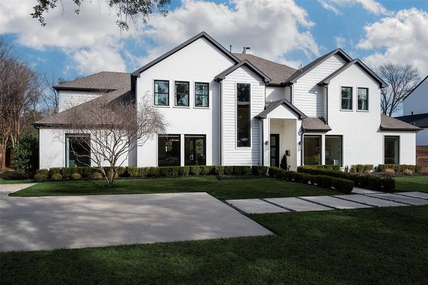 Natural light beams throughout this elegant, modern, expansive home.  High ceilings and wide-open floor plan makes for an easy flow from the true chef's kitchen overlooking the family room and covered entertainment patio, water-featured pool, spa and large backyard, to the dining room across from the entryway and office.  Tucked away down the east-side first floor hall, is the large primary bedroom with ensuite bathroom and huge walk-in closet.  A secondary bedroom, bath and closet are behind the kitchen and utility room. Perfect for a nanny, housekeeper or guest who enjoys privacy. 3 bedrooms with baths & walk-in closets on 2nd floor.  Beautiful entry staircase gives all access to a large gameroom, kitchenette and separate media or excercise room for family or guests to enjoy.  Truly a WONDERFULLY MODERN, and HIGHLY LIVABLE, home, centrally located to some of Dallas' best private and public schools, shopping, restaurants, parks and hiking&biking trail (Northaven Trail)