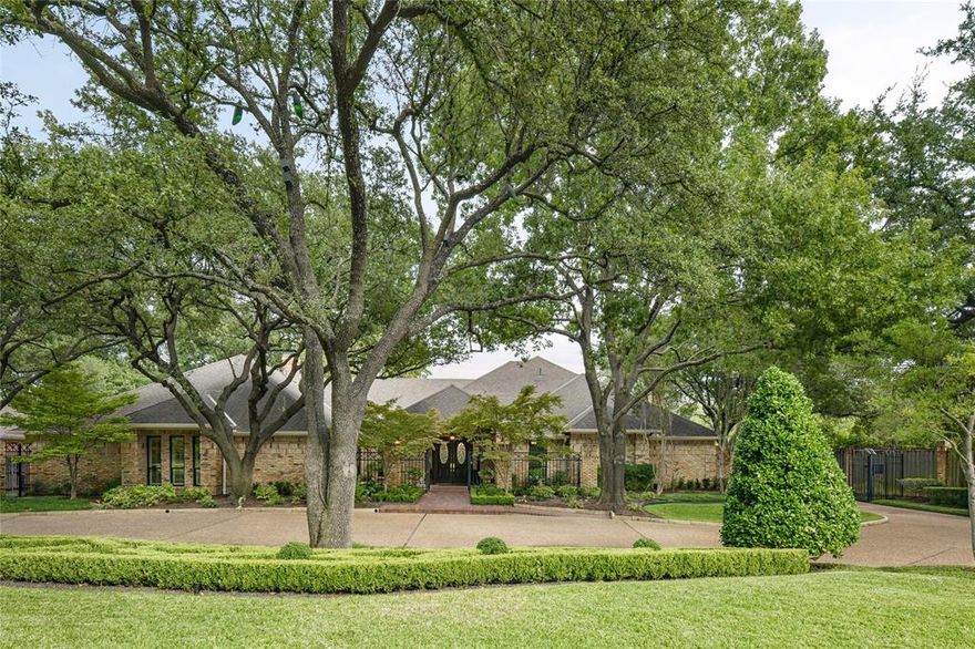 Idyllic majestic setting on 0.99 acres with mature trees, gorgeous landscaping, great size entertaining pool with spa and 5 fountain elevated water feature. Property is a single story home with traditional elegance and timeless quality. The wonderful floor plan makes for a very livable home and offers a Strait Lane address. Dual sides in primary bath. 3 fireplaces Great room is 42 x 23 with outstanding views of the backyard oasis! Lighted tennis court and exterior tree lighting. 3 car garage with motorized gate and floored attic space. Cameras and security present.