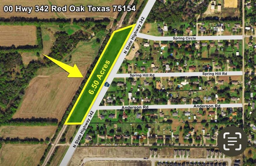 This is an excellent location to build any industrial storage facility, garages, a strip center, or freestanding buildings. There are two parcels that make up this 6.50 acres. It is a strip of land on Hwy 342 and runs parallel to the railroad Tracks. This is in the desirable city of Red Oaks. A quick commute to downtown Dallas or the 400+ acres of data centers in Lancaster. Parcel One # 268476 at 3.23 Acres.